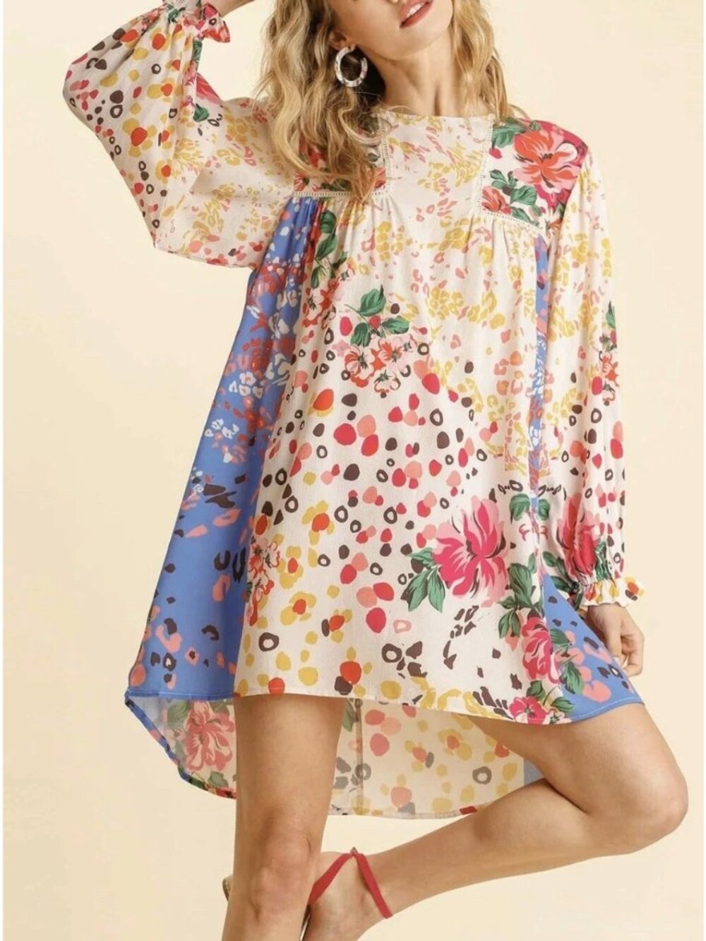 Umgee Women’s Floral Mix Media Print Tunic Dress Keyhole Lace 3/4 Ruffle Sleeve